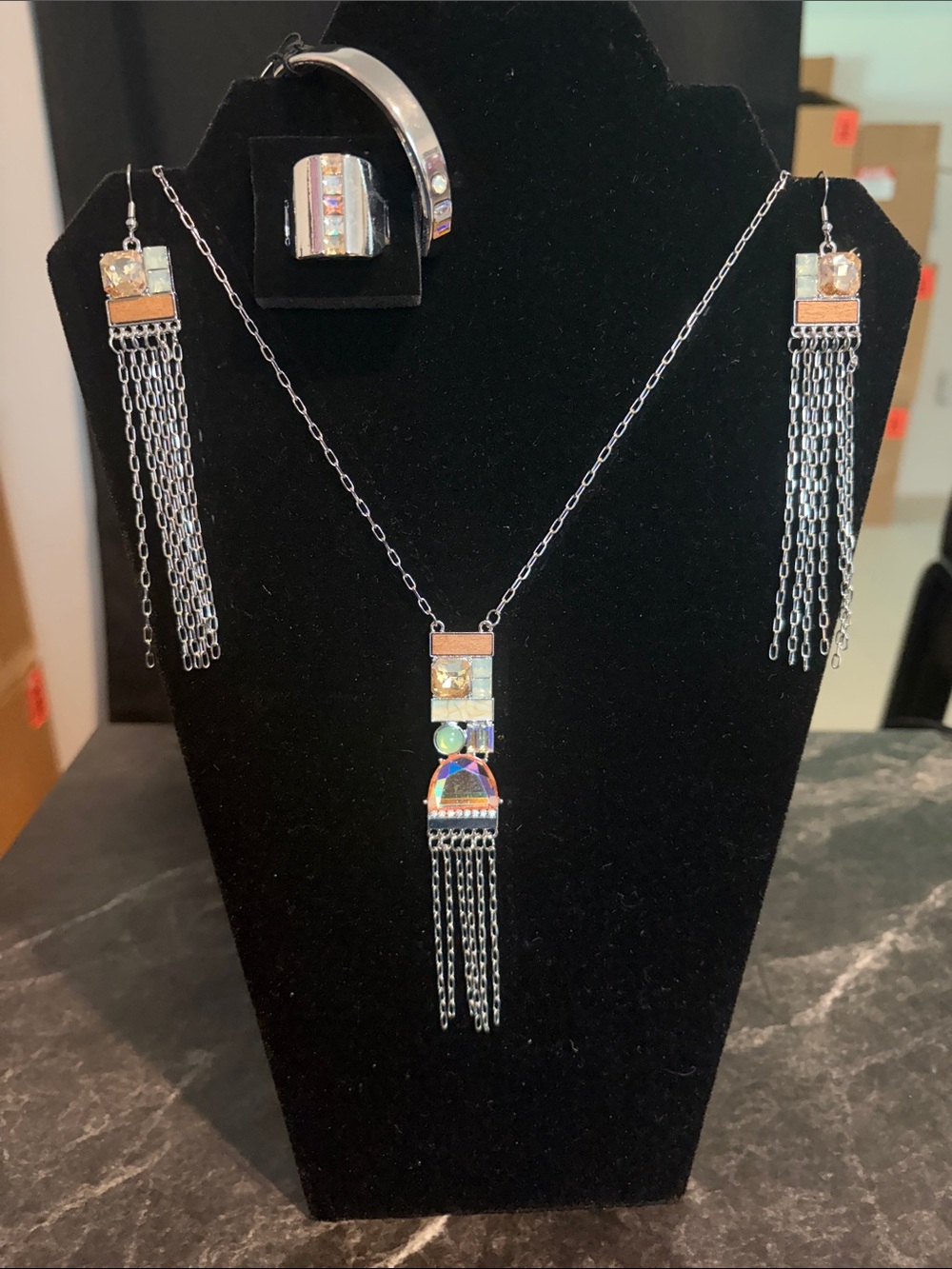 Silver-tone Iridescent Crystal Fringe Necklace & Earring Set